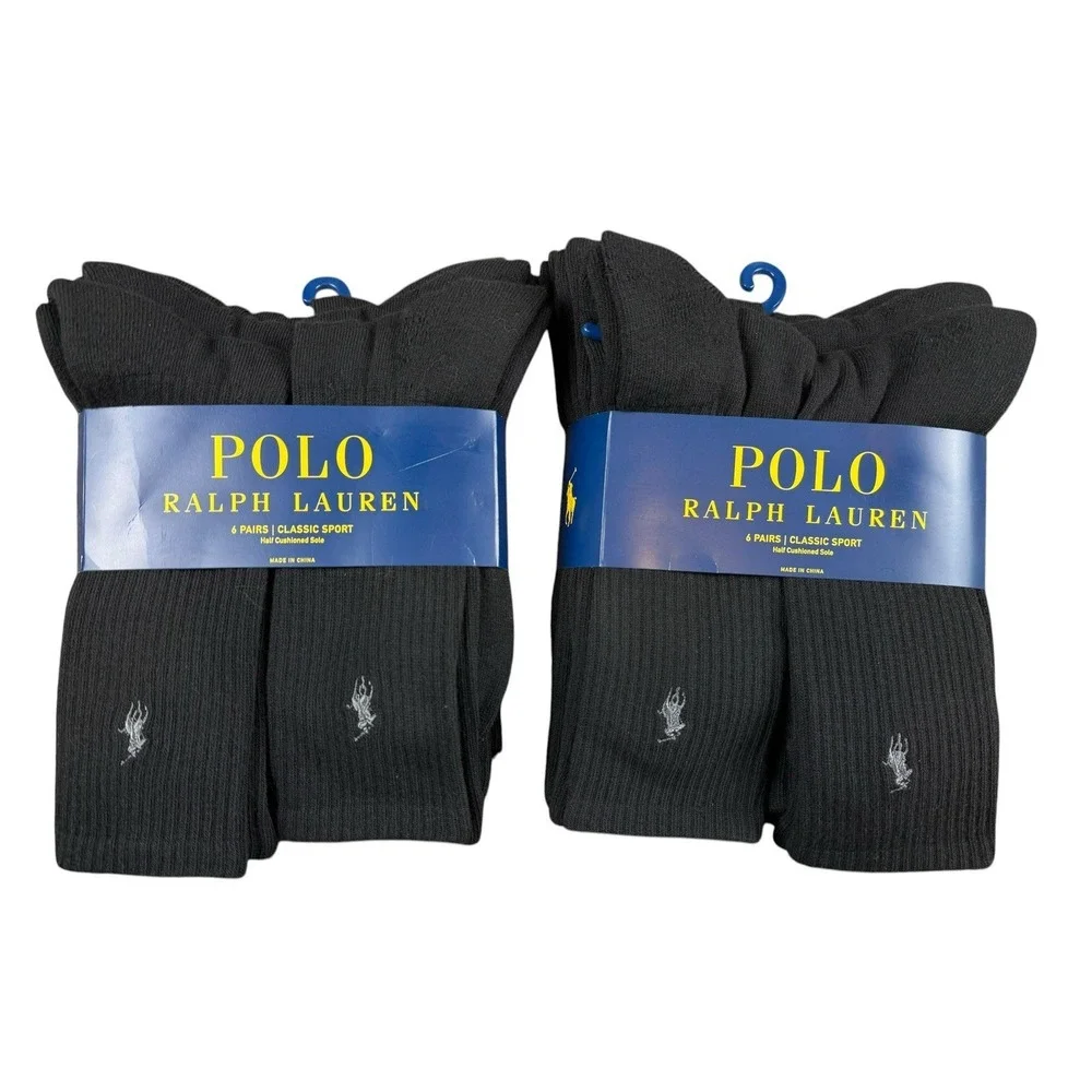 POLO RALPH LAUREN Crew Socks Mens Black 12 Pair Classic Sport Cushioned